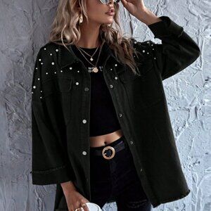SHEIN Black Pearl-Studded Utility Button Front Shacket Pockets 3/4 Sleeve Collar